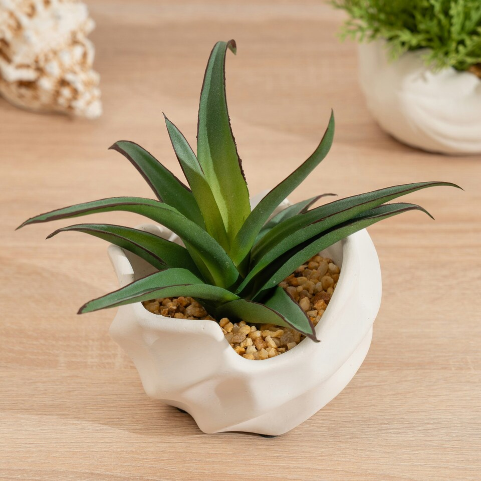 16Cm Spiky Succulent In Wavy Cement Pot | Green | One Size