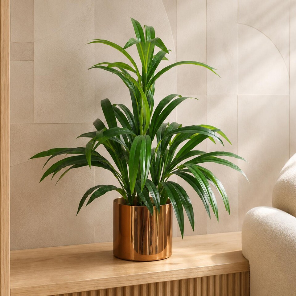 65cm Artificial Bamboo Leaf Shrub with Brushed Copper Planter | Green