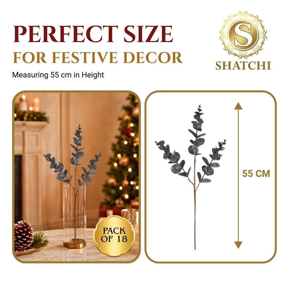 Grey Glitter Artificial Eucalyptus Christmas Tree Picks 55cm Pack of 18