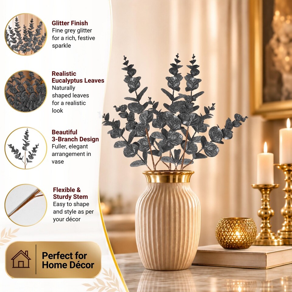 Grey Glitter Artificial Eucalyptus Christmas Tree Picks 55cm Pack of 18