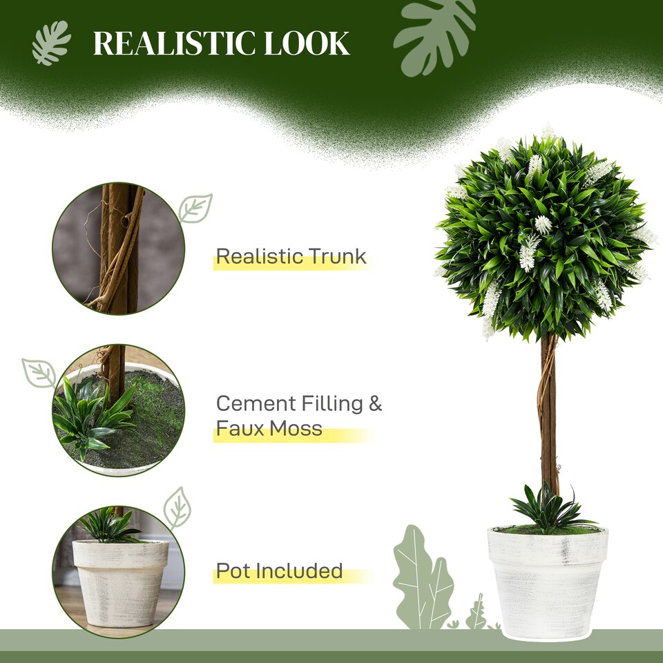 HOMCOM-Set-of-2-Potted-Artificial-Plants-Ball-Tree-with-Flowers-White-2 HOMCOM Set of 2 Potted Artificial Plants Ball Tree with Flowers, White