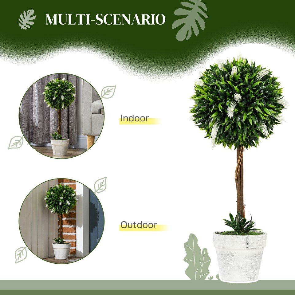 HOMCOM-Set-of-2-Potted-Artificial-Plants-Ball-Tree-with-Flowers-White-3 HOMCOM Set of 2 Potted Artificial Plants Ball Tree with Flowers, White