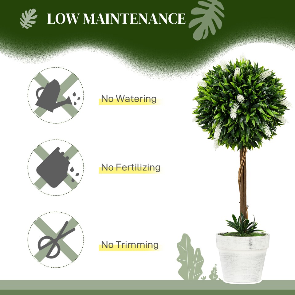 HOMCOM-Set-of-2-Potted-Artificial-Plants-Ball-Tree-with-Flowers-White-5 HOMCOM Set of 2 Potted Artificial Plants Ball Tree with Flowers, White
