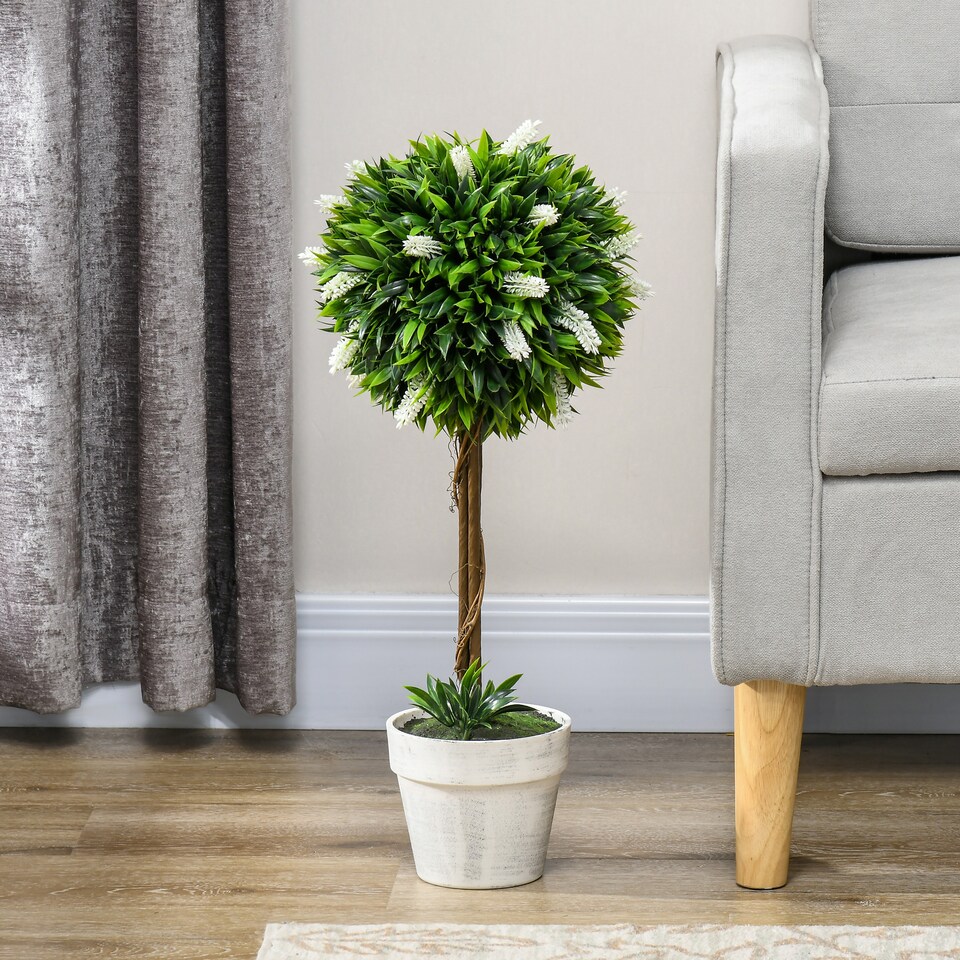 HOMCOM-Set-of-2-Potted-Artificial-Plants-Ball-Tree-with-Flowers-White-6 HOMCOM Set of 2 Potted Artificial Plants Ball Tree with Flowers, White