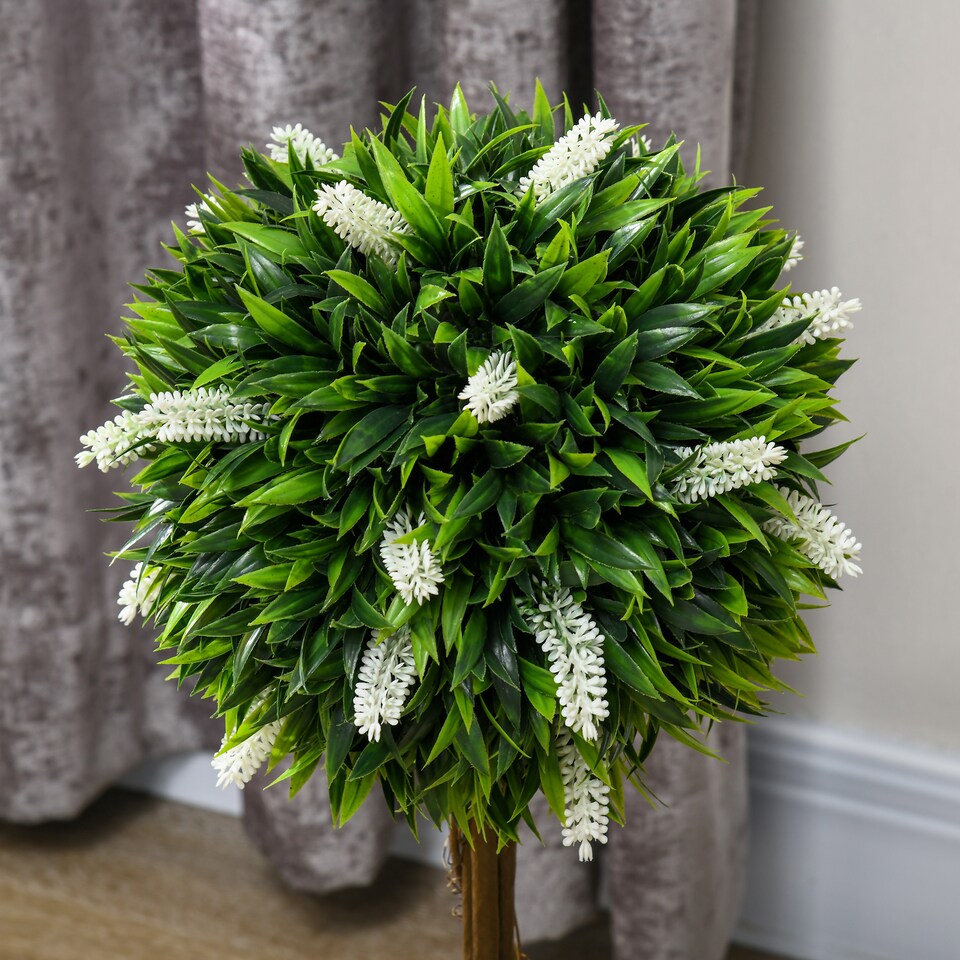 HOMCOM-Set-of-2-Potted-Artificial-Plants-Ball-Tree-with-Flowers-White-7 HOMCOM Set of 2 Potted Artificial Plants Ball Tree with Flowers, White