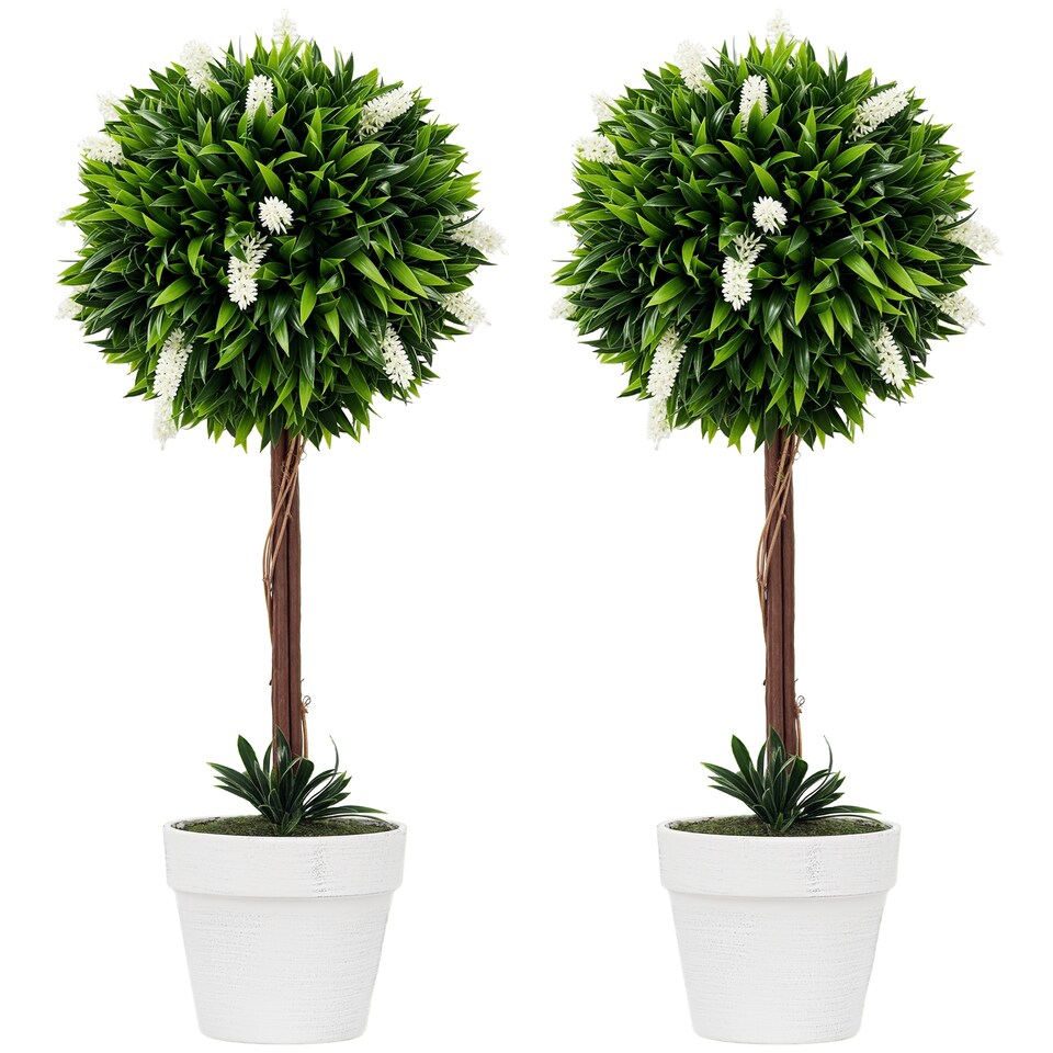 HOMCOM-Set-of-2-Potted-Artificial-Plants-Ball-Tree-with-Flowers-White Buy Potted Artificial Plants Ball Tree White Set of 2