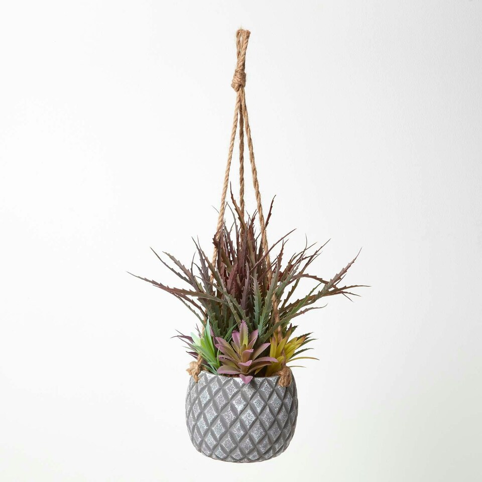 Homescapes-Artifical-Hanging-Succulents-in-Grey-Pot-4 Homescapes Artifical Hanging Succulents in Grey Pot