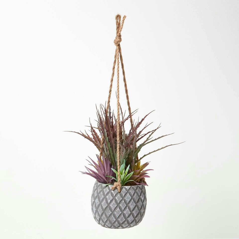 Homescapes-Artifical-Hanging-Succulents-in-Grey-Pot Buy Artificial Artifical Hanging Succulents in Grey Pot