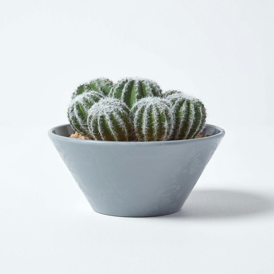 Homescapes Artificial Barrel Cactus Arrangement in Round Grey Pot, 17 cm Tall