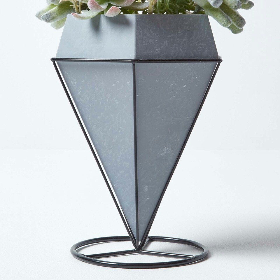 Homescapes Artificial Cactus and Succulent Arrangement in Decorative Geometric Grey Pot, 31 cm Tall
