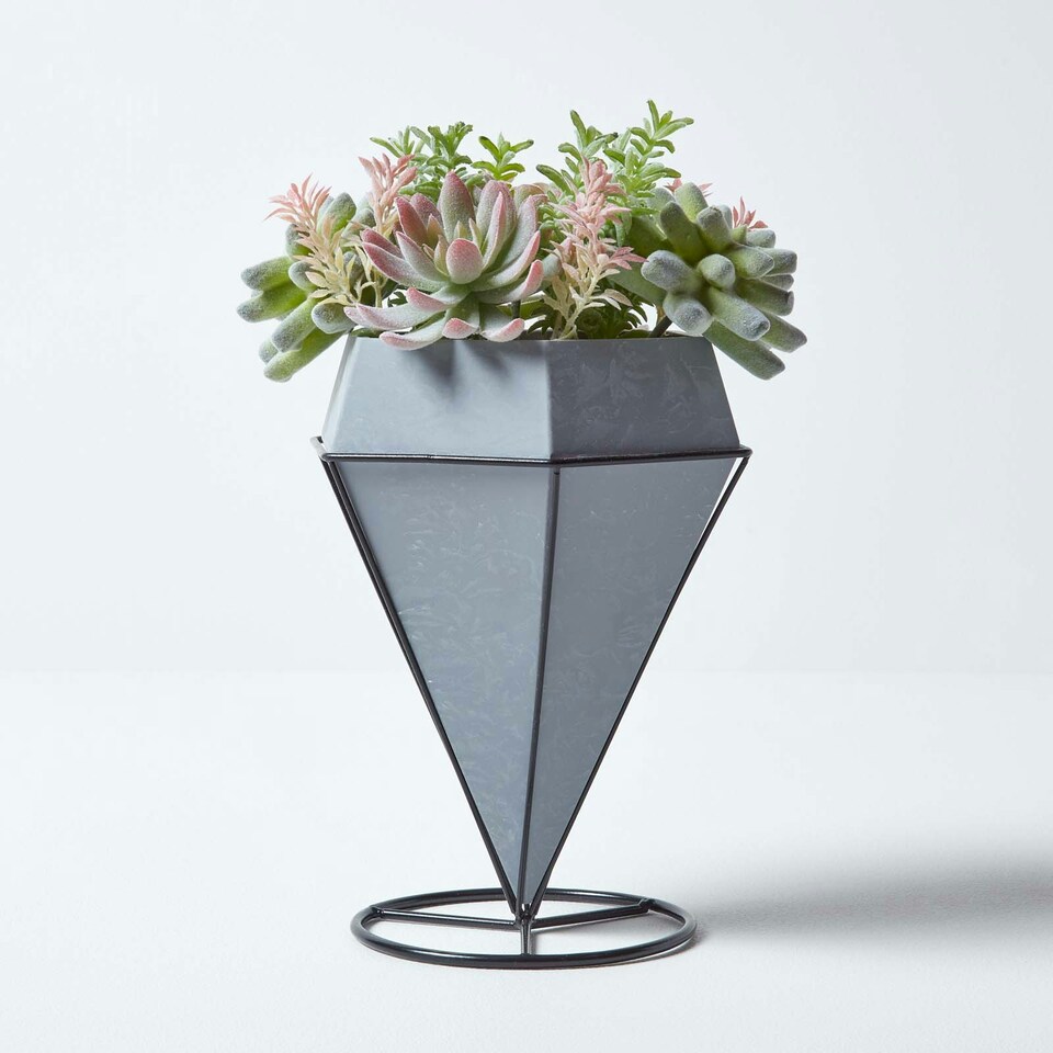 Homescapes Artificial Cactus and Succulent Arrangement in Decorative Geometric Grey Pot, 31 cm Tall