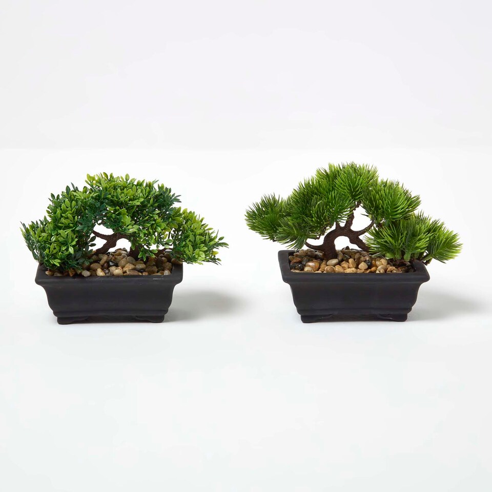 Homescapes Set of 2 Artificial Bonsai Trees in Decorative Pots, 15 cm Tall