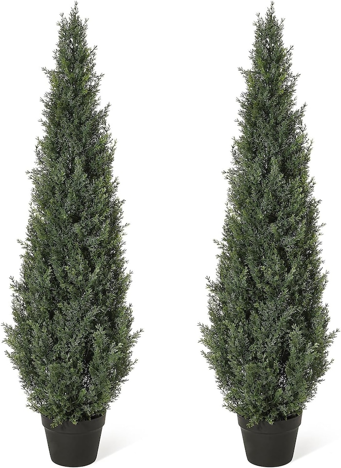 London Boutique Set of 2 4FT Faux Cypress Plant in Pot, Artificial Topiary Tree for Porch Patio