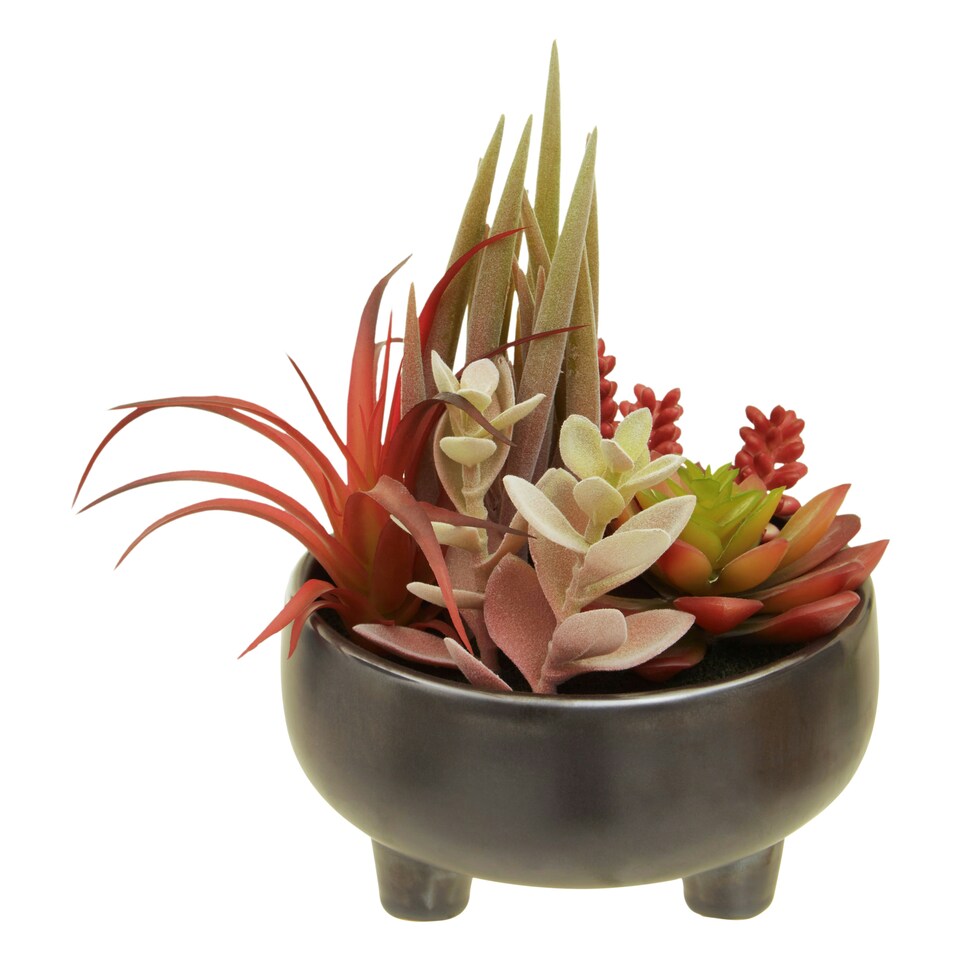 Orsina Mixed Faux Succulents In Grey Ceramic Pot, Southwestern Farmhouse Style Artificial Plants, Nature-Inspired