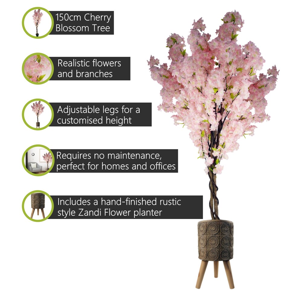 Pegdev 150cm Artificial Pink Cherry Blossom Tree with Zandi Planter