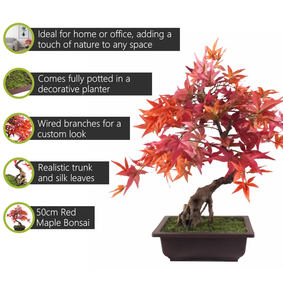 Pegdev 50cm Artificial Red Maple Bonsai Tree with Decorative Planter