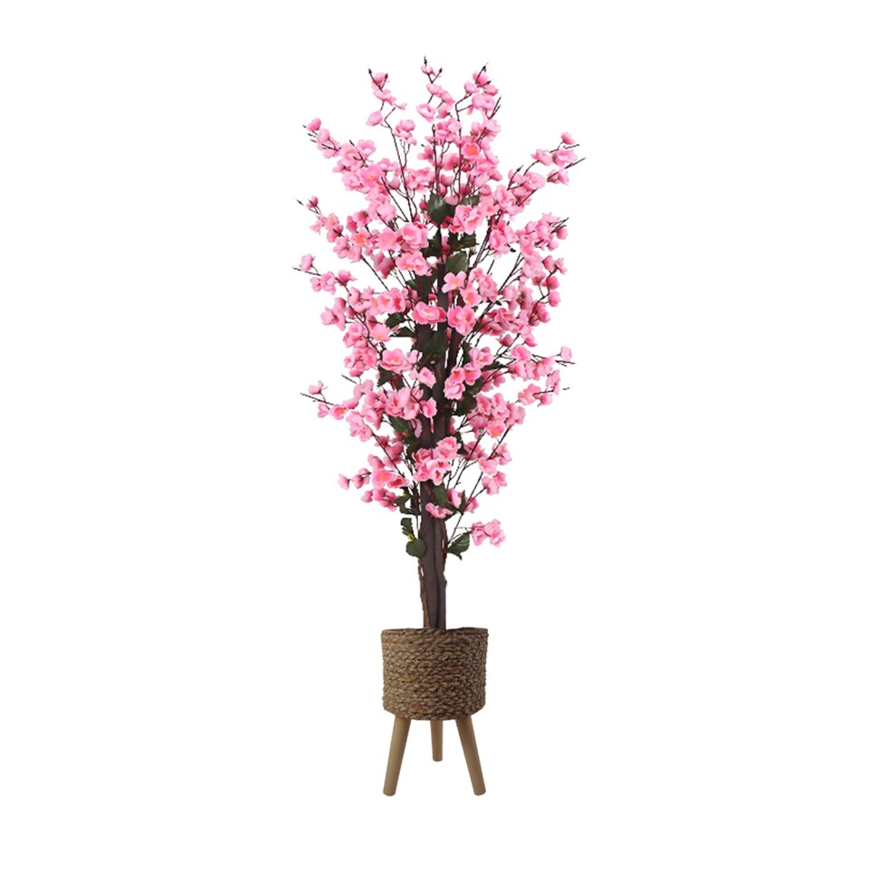 Pegdev PDL 120cm Artificial Pink Blossom Tree with Woven Effect Composite Planter for Indoor & Sheltered Outdoor Use
