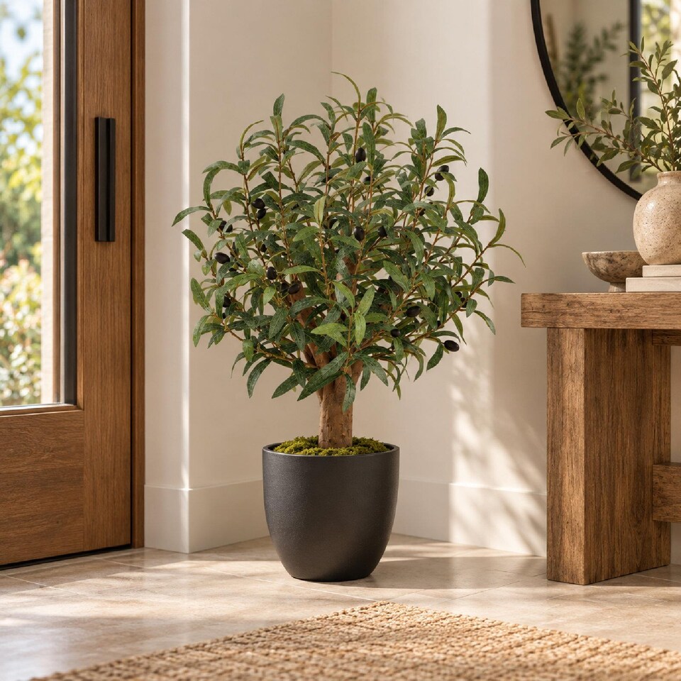 True Products Artificial Olive Tree Natural Wood Trunk in Black Pot 72cm