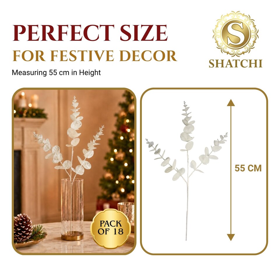 White Glitter Artificial Eucalyptus Christmas Tree Picks 55cm Pack of 18