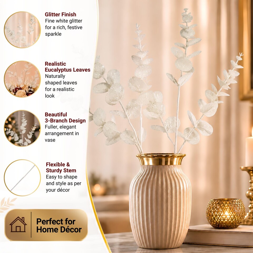 White Glitter Artificial Eucalyptus Christmas Tree Picks 55cm Pack of 18
