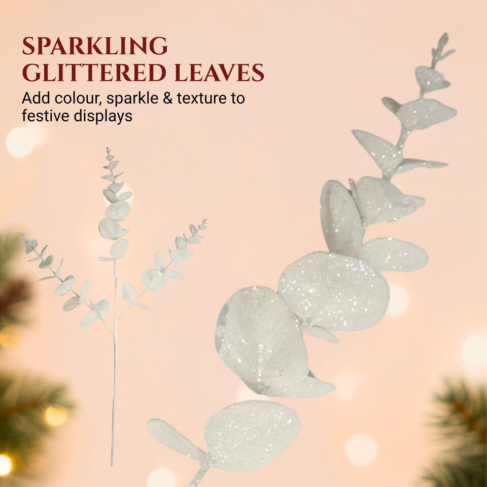 White Glitter Artificial Eucalyptus Christmas Tree Picks 55cm Pack of 18